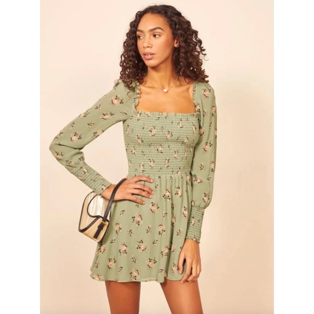 Reformation Kelli Mini Dress S Green Floral Smocked Fairy Cottage Boho